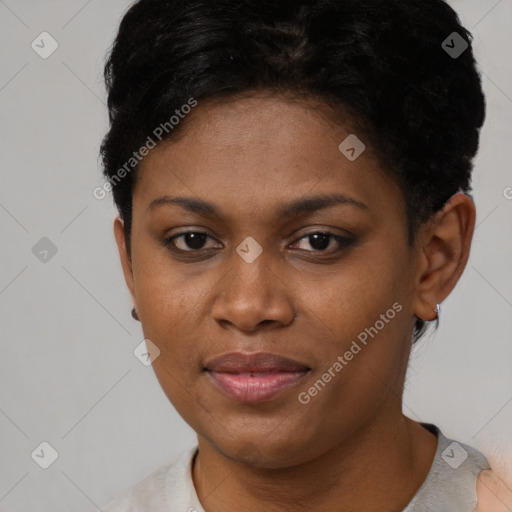 Joyful black young-adult female with short  brown hair and brown eyes