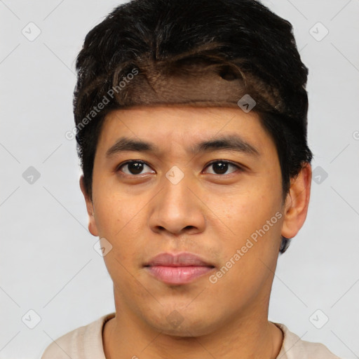 Neutral latino young-adult male with short  black hair and brown eyes