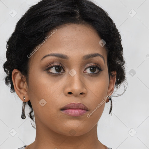 Joyful asian young-adult female with long  brown hair and brown eyes