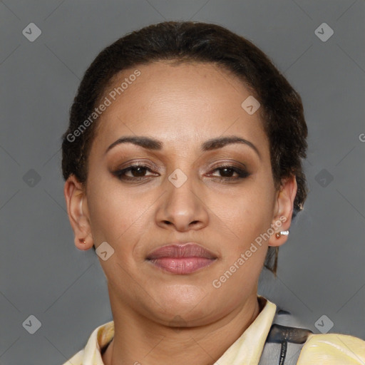 Joyful latino young-adult female with short  brown hair and brown eyes