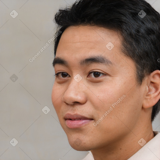 Neutral white young-adult male with short  black hair and brown eyes