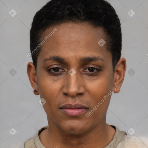 Neutral black young-adult female with short  black hair and brown eyes