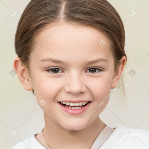 Joyful white child female with medium  brown hair and brown eyes