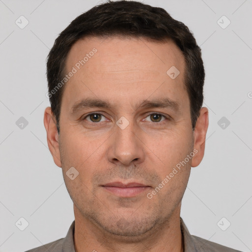 Neutral white adult male with short  brown hair and brown eyes