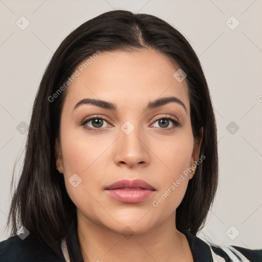 Neutral white young-adult female with medium  brown hair and brown eyes