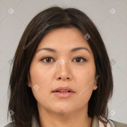 Neutral asian young-adult female with medium  brown hair and brown eyes