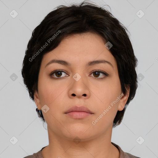 Neutral asian young-adult female with short  brown hair and brown eyes