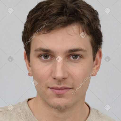 Neutral white young-adult male with short  brown hair and grey eyes