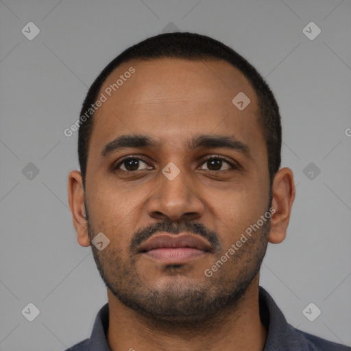 Neutral black young-adult male with short  black hair and brown eyes