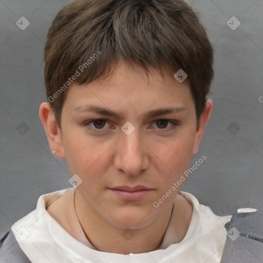 Neutral white young-adult female with short  brown hair and brown eyes