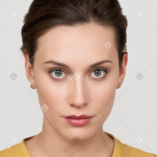 Neutral white young-adult female with short  brown hair and brown eyes