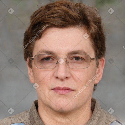 Joyful white adult male with short  brown hair and grey eyes