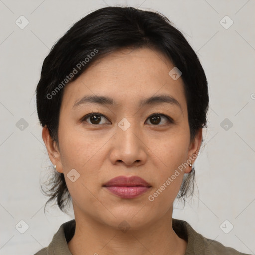 Joyful asian young-adult female with medium  black hair and brown eyes