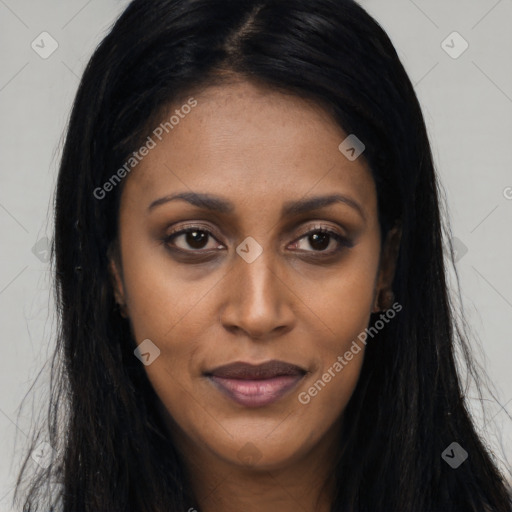 Joyful asian young-adult female with long  brown hair and brown eyes