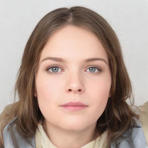 Neutral white young-adult female with medium  brown hair and blue eyes