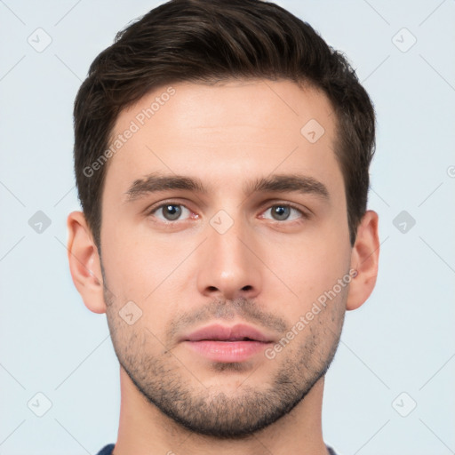 Neutral white young-adult male with short  brown hair and brown eyes