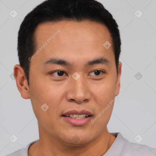Joyful latino young-adult male with short  brown hair and brown eyes