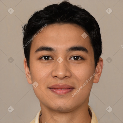 Joyful latino young-adult male with short  black hair and brown eyes