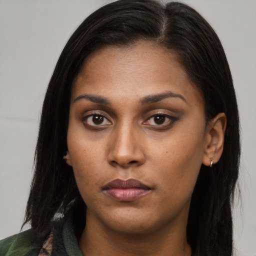 Neutral asian young-adult female with long  brown hair and brown eyes