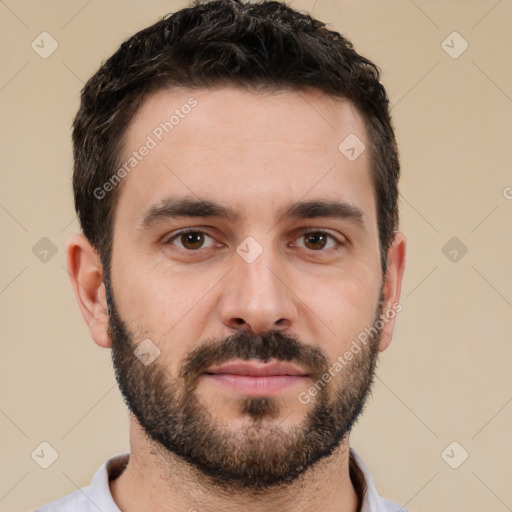 Neutral white young-adult male with short  black hair and brown eyes