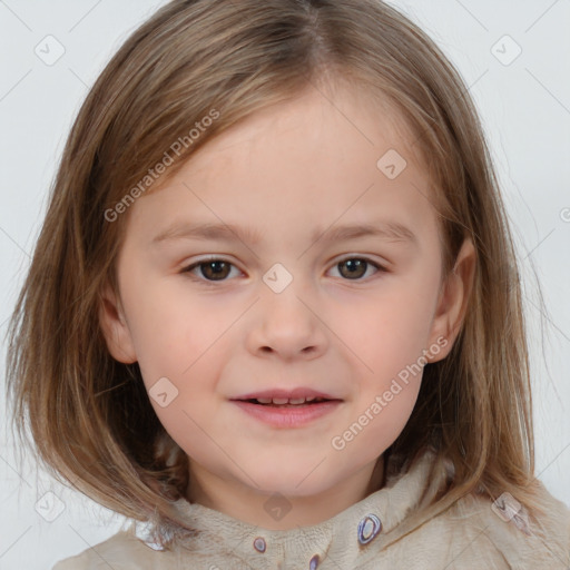 Joyful white child female with medium  brown hair and brown eyes