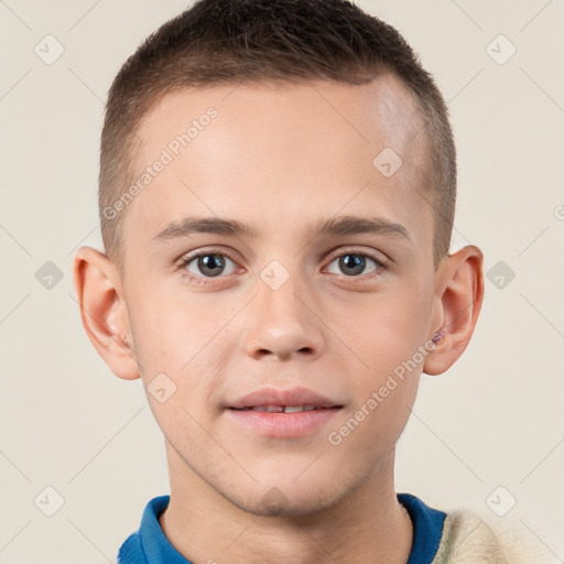 Joyful white child male with short  brown hair and brown eyes