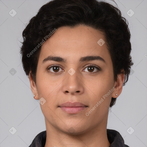 Neutral white young-adult female with short  brown hair and brown eyes