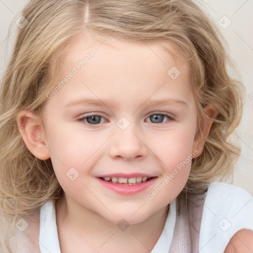 Joyful white child female with medium  brown hair and blue eyes