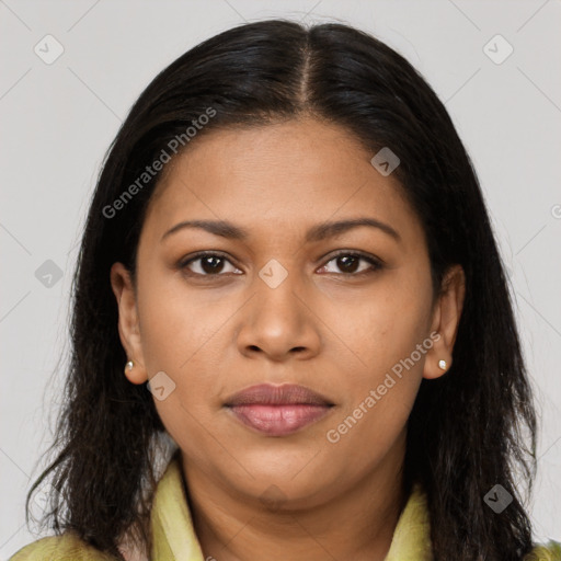 Joyful latino young-adult female with medium  brown hair and brown eyes