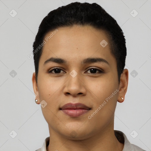 Joyful latino young-adult female with short  black hair and brown eyes