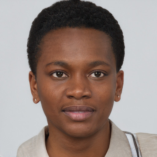 Joyful black young-adult male with short  brown hair and brown eyes