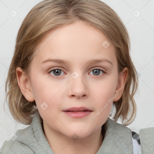 Neutral white child female with medium  brown hair and blue eyes