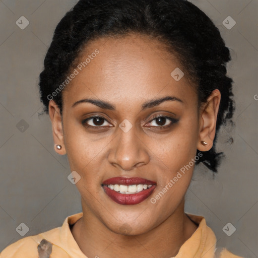 Joyful latino young-adult female with short  brown hair and brown eyes