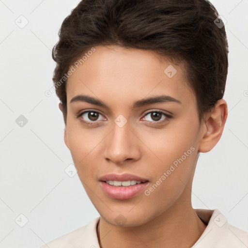 Joyful white young-adult female with short  brown hair and brown eyes