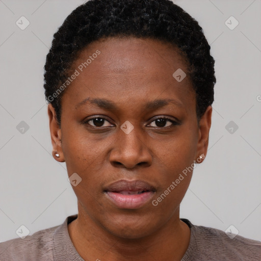 Neutral black young-adult female with short  black hair and brown eyes