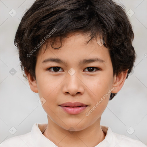 Joyful white child male with short  brown hair and brown eyes