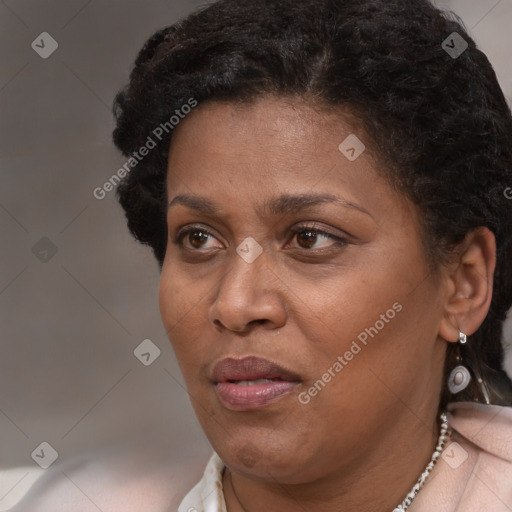 Joyful latino adult female with short  brown hair and brown eyes