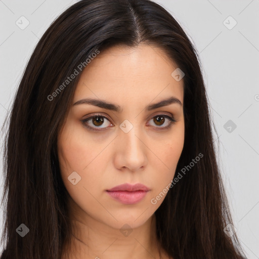 Neutral white young-adult female with long  brown hair and brown eyes