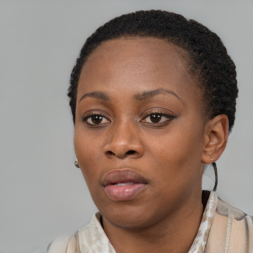 Neutral black young-adult female with short  black hair and brown eyes