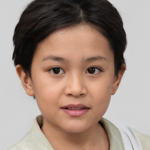 Joyful asian child female with medium  brown hair and brown eyes