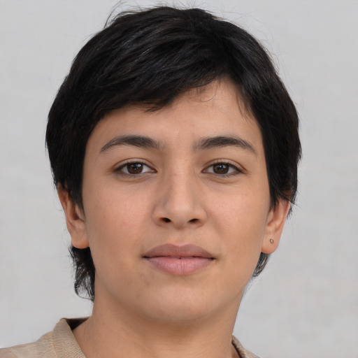 Joyful asian young-adult female with short  brown hair and brown eyes