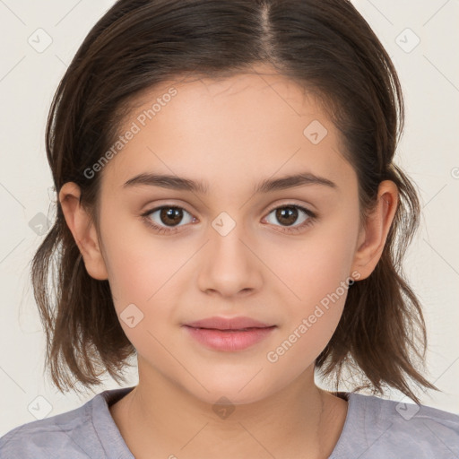 Joyful white child female with medium  brown hair and brown eyes