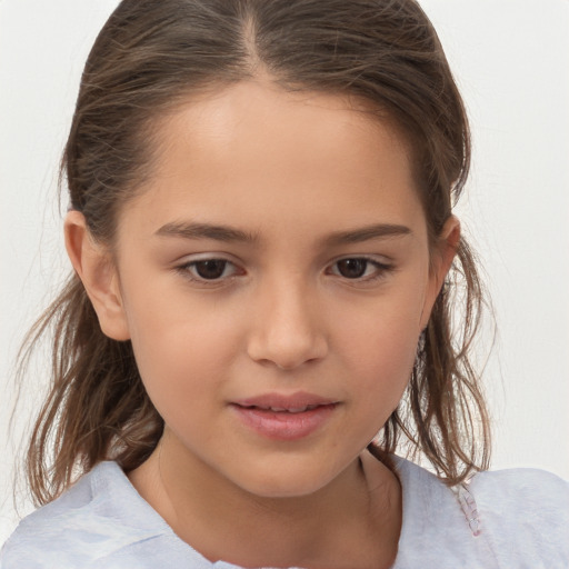 Joyful white child female with medium  brown hair and brown eyes