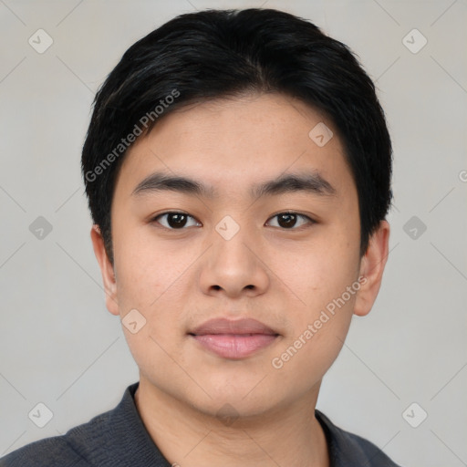 Neutral asian young-adult male with short  black hair and brown eyes