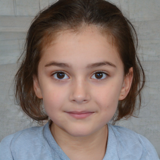 Joyful white child female with medium  brown hair and brown eyes