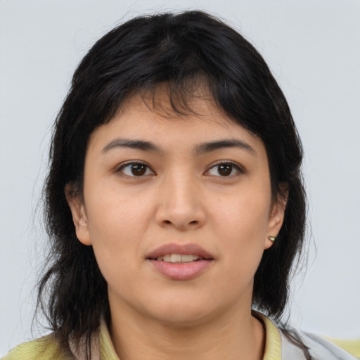 Neutral asian young-adult female with medium  brown hair and brown eyes