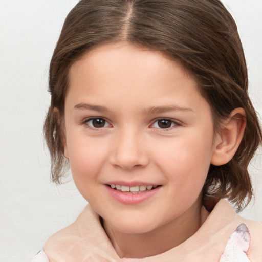 Joyful white child female with medium  brown hair and brown eyes