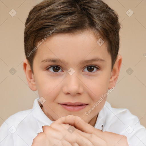 Joyful white child female with short  brown hair and brown eyes