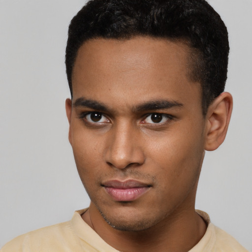 Neutral latino young-adult male with short  brown hair and brown eyes
