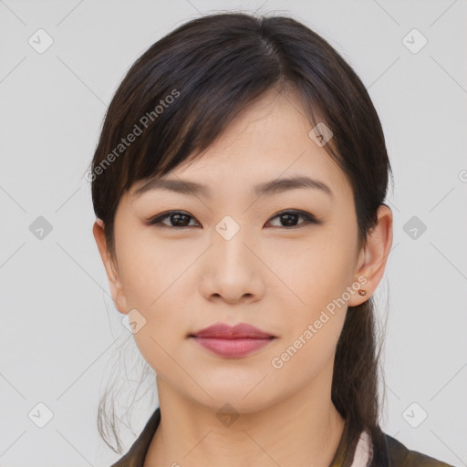 Neutral asian young-adult female with medium  brown hair and brown eyes